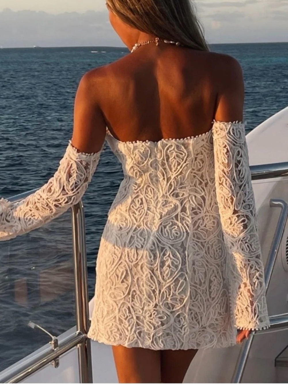 12th Tribe white Lace Off-Shoulder Mini Dress - Picture 2 of 10